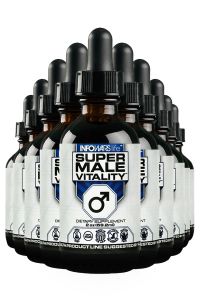 10 bottles of Infowars Life Super Male Vitality lined up next to each other