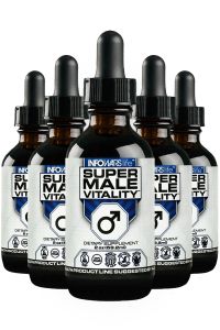 5 bottles of Infowars Life Super Male Vitality lined up next to each other
